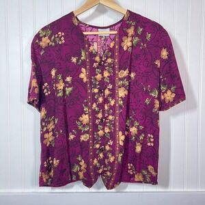 CLC Vtg Floral Button Up Indie Hippie Cottagecore Blouse Short Sleeve Jewel Tone